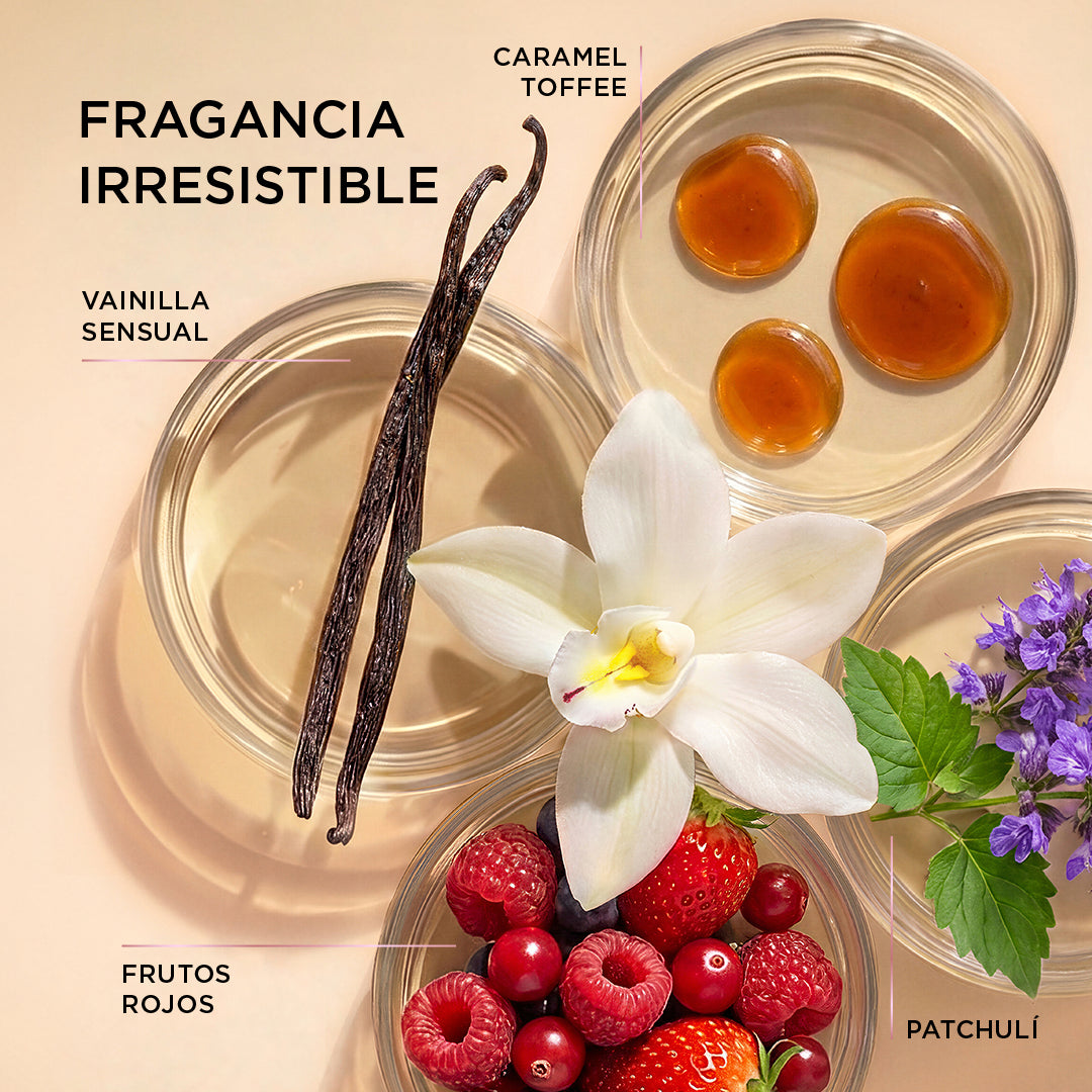 Fragancia irresistible con vainilla, caramel toffee, frutos rojos, patchulí