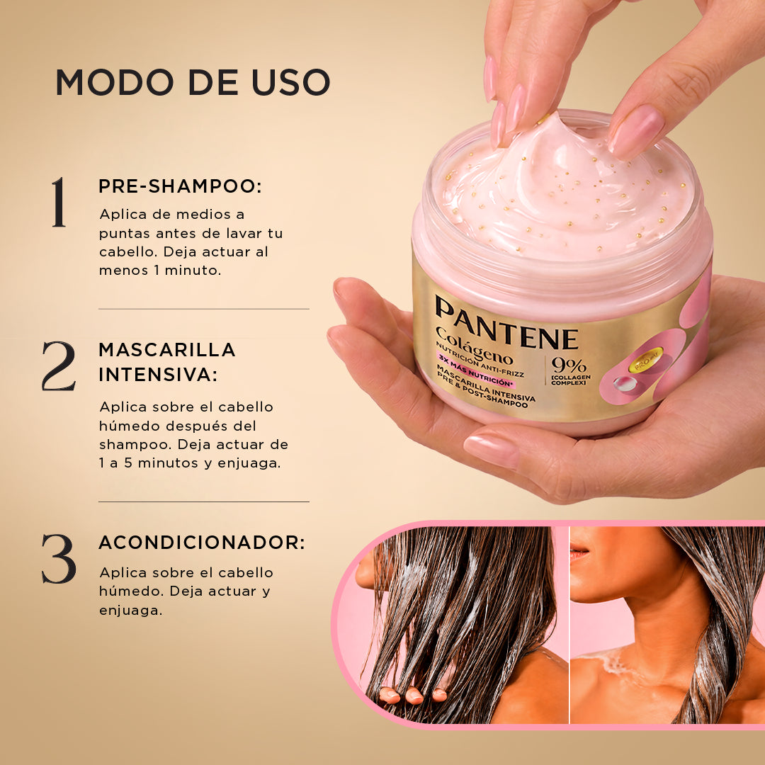 Modo de uso, 1 pre-shampoo, 2 mascarilla intensiva, 3 acondicionador