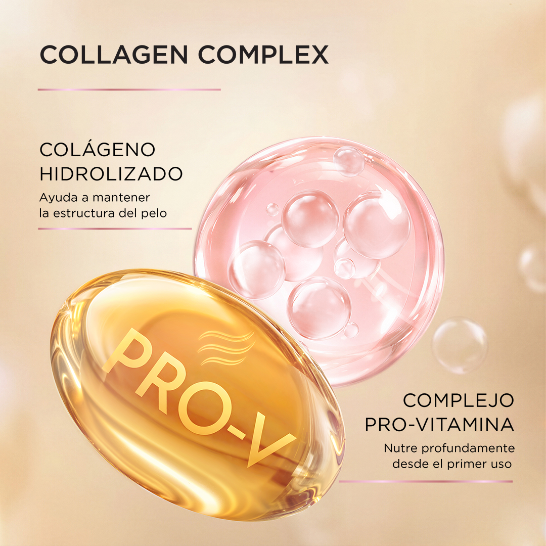 Ingredientes: Colágeno hidrolizado ayuda a mantener la estructura del pelo y complejo Pro-vitamina nutre profundamente desde el primer uso