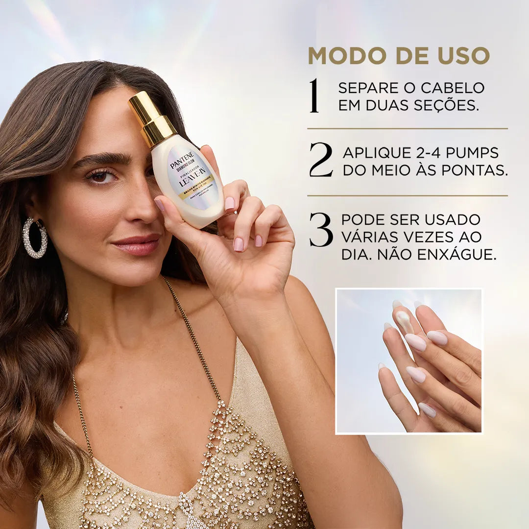 Modo de uso: separe o cabelo em duas seções, aplique 2 a 4 pumps do meio às pontas, pode ser usado várias vezes ao dia, não enxágue
