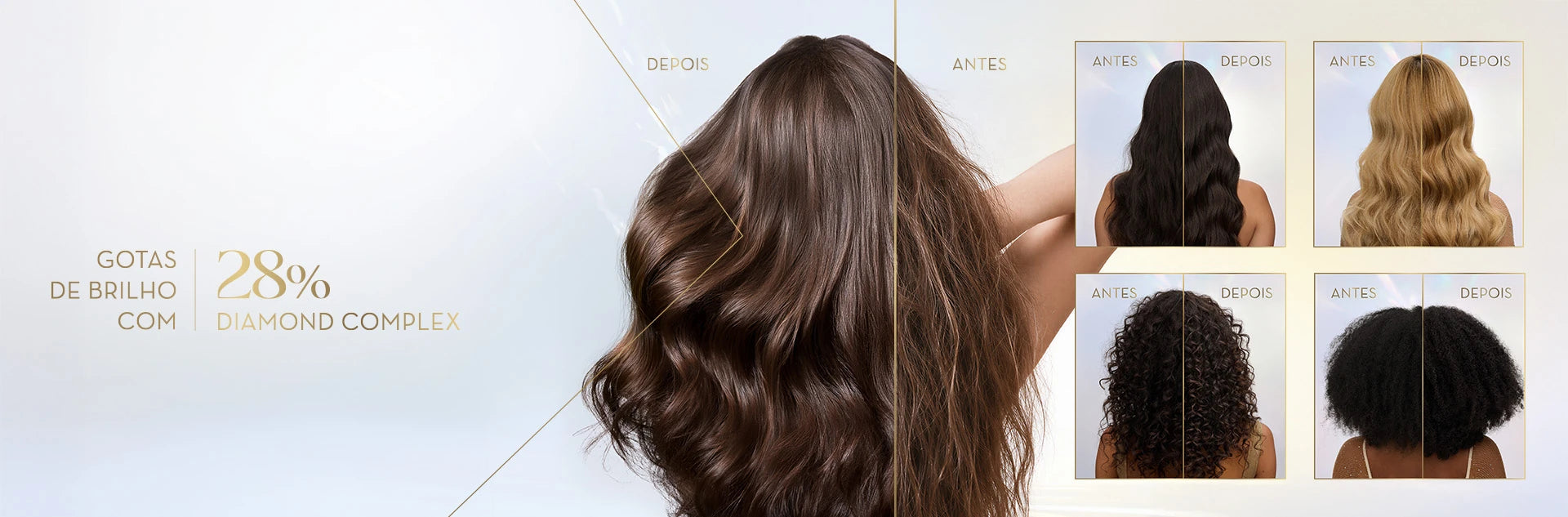 Mulher mostrando o cabelo antes e depois de aplicar a linha Diamond Glow
