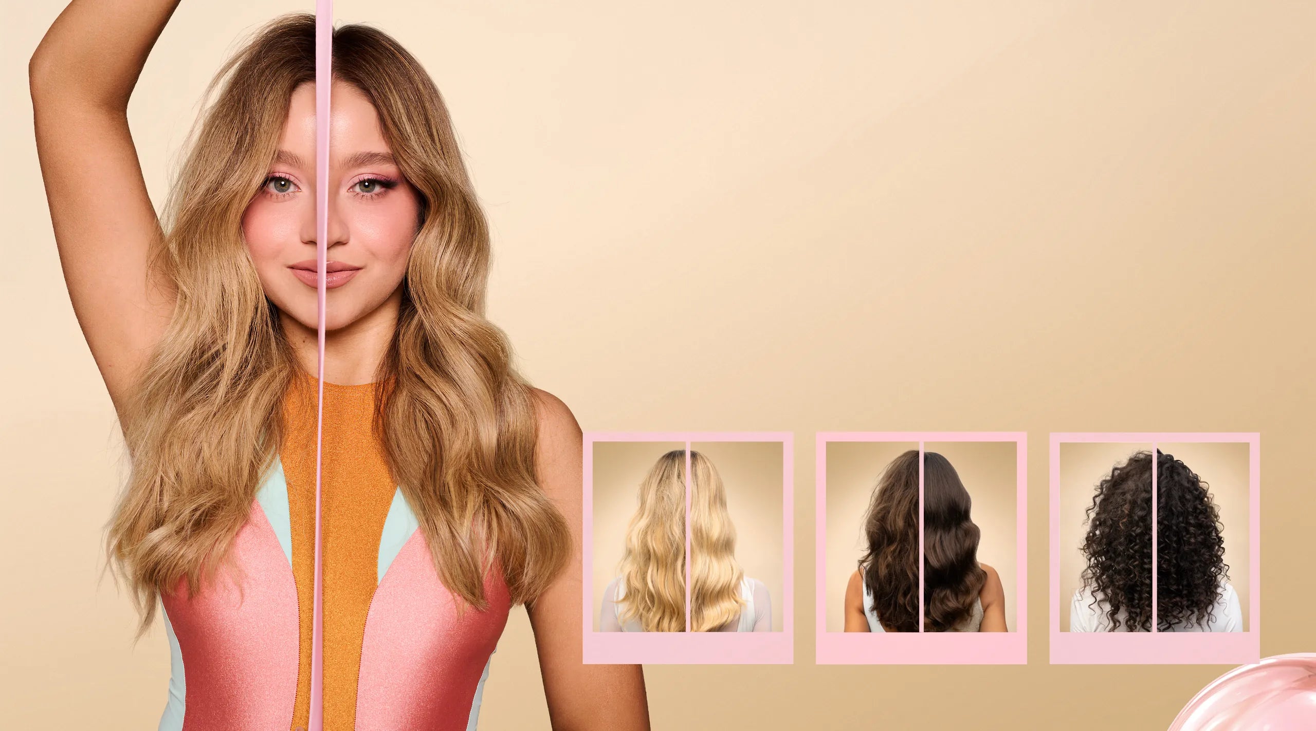Mujer rubia mostrando su cabello antes y después de aplicar la línea colágeno nutrición anti-frizz