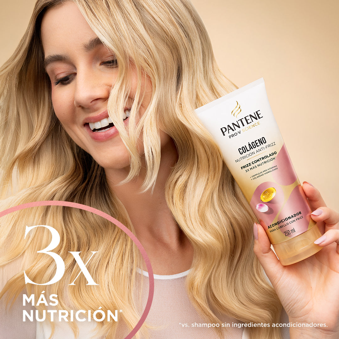 Mujer sosteniendo el acondicionador colágeno Nutrición anti-frizz – 3x más nutrición