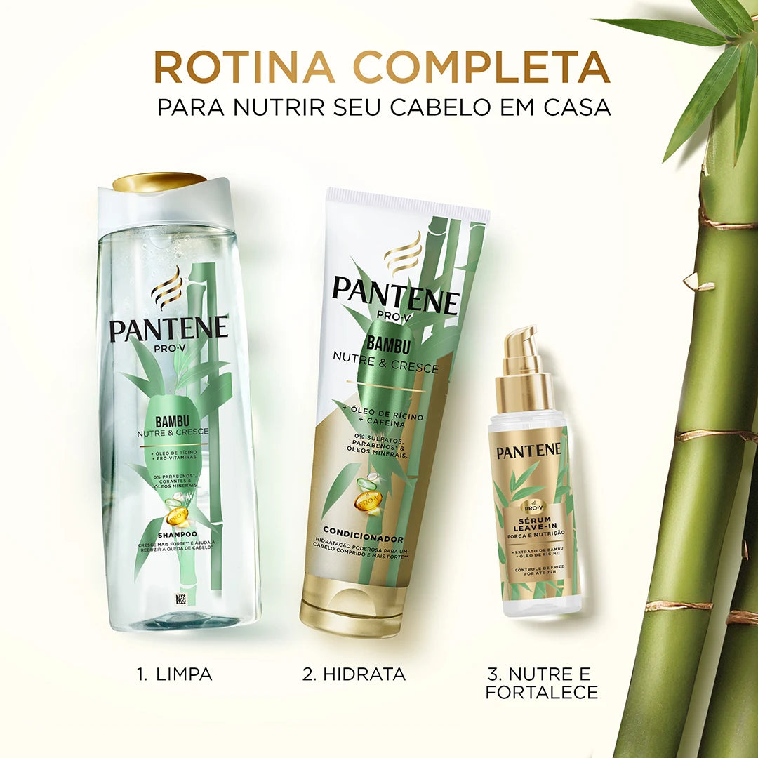 Rotina Pantene bambu: shampoo, condicionador e sérum leave-in para nutrir e fortalecer o cabelo em casa.