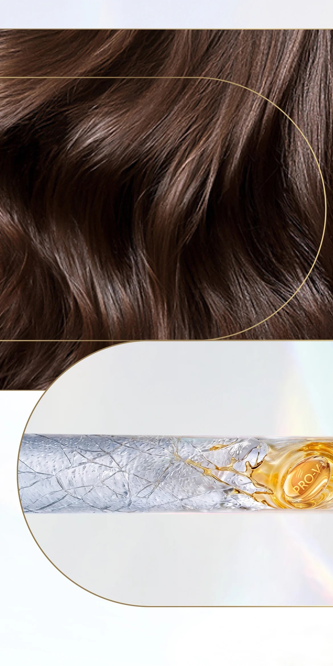 Cabelo visto em nível molecular, uma pérola de vitamina Pro-V proporcionando brilho aos cabelos
