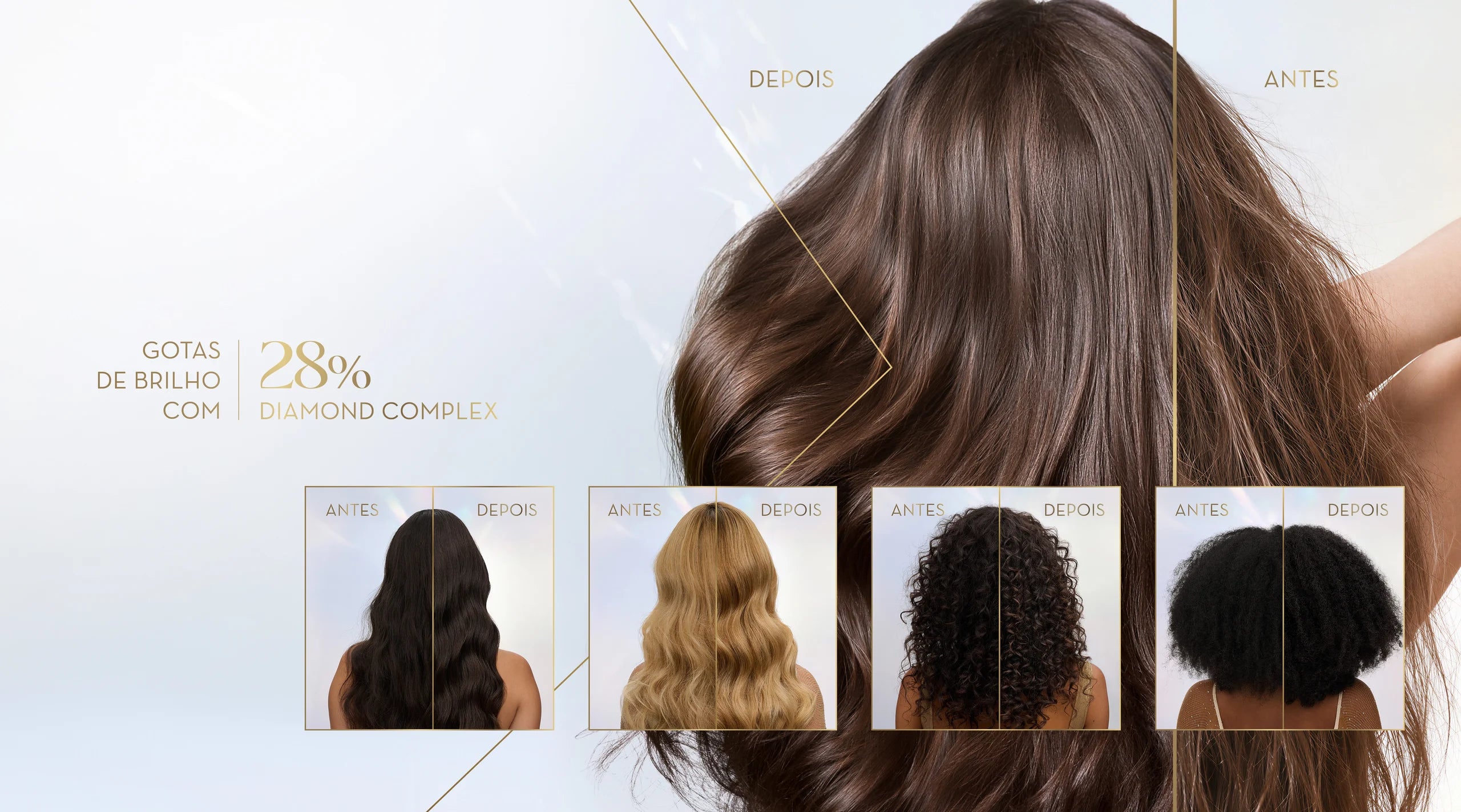 Mulher mostrando o cabelo antes e depois de aplicar a linha Diamond Glow